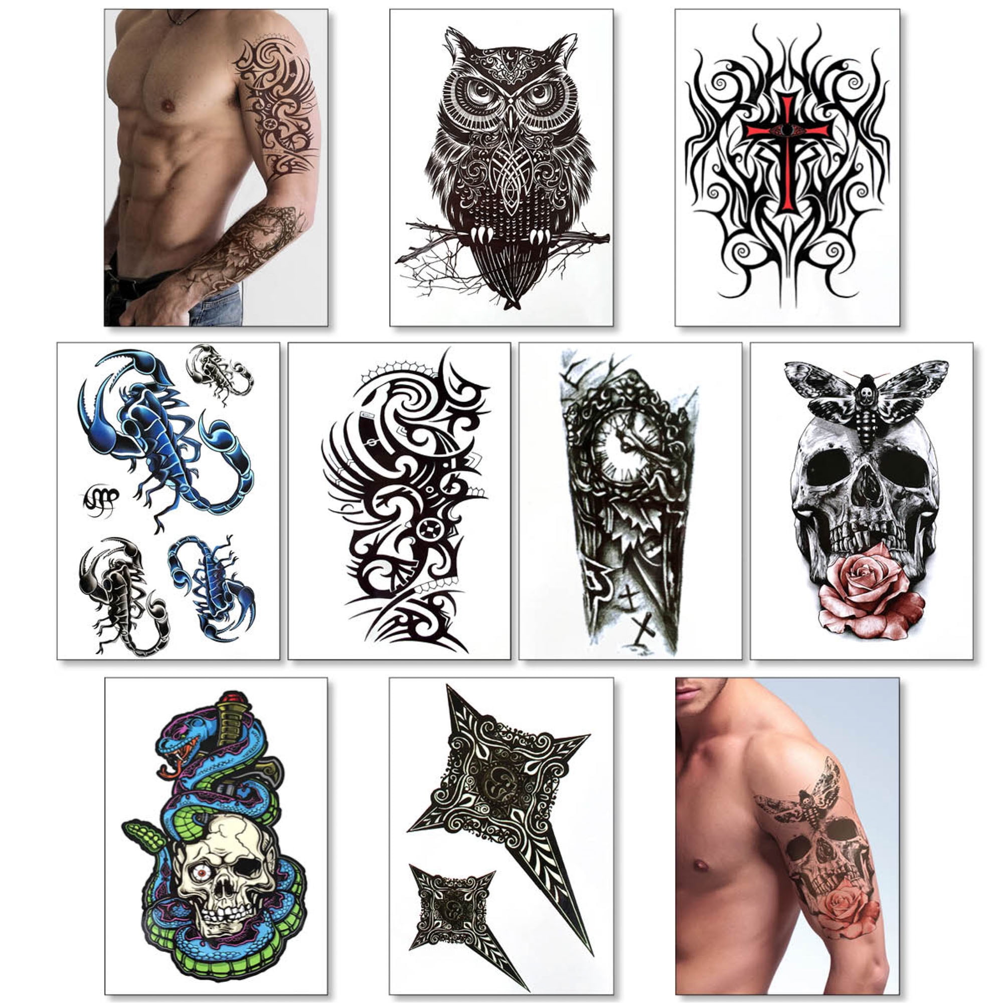 Temporary Tattoos For Men Guys Boys & Teens - Fake Half Arm Tattoos Sleeves For Arms Shoulders Chest Back Legs Cross Skull Owl Clock Scorpion Rose Realistic Waterproof Transfers 8 Sheets 8x6" -